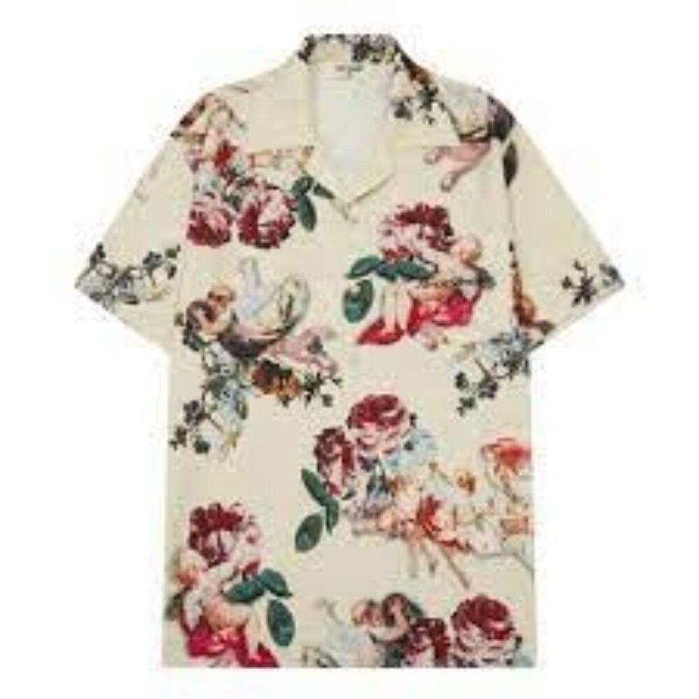 Almost Someday Mens 2XL Floral Angel Print Button Up Short Sleeve Shirt NEW